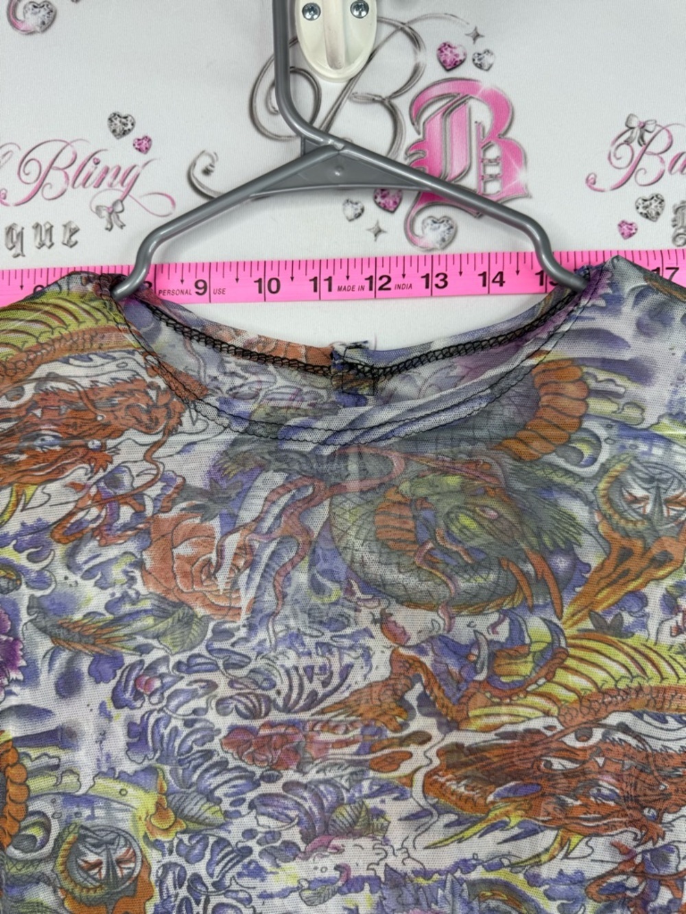 Long Sleeve mesh Floral & Dragon Print tattoo style Top - Purple, Orange, Green - Picture 8 of 12